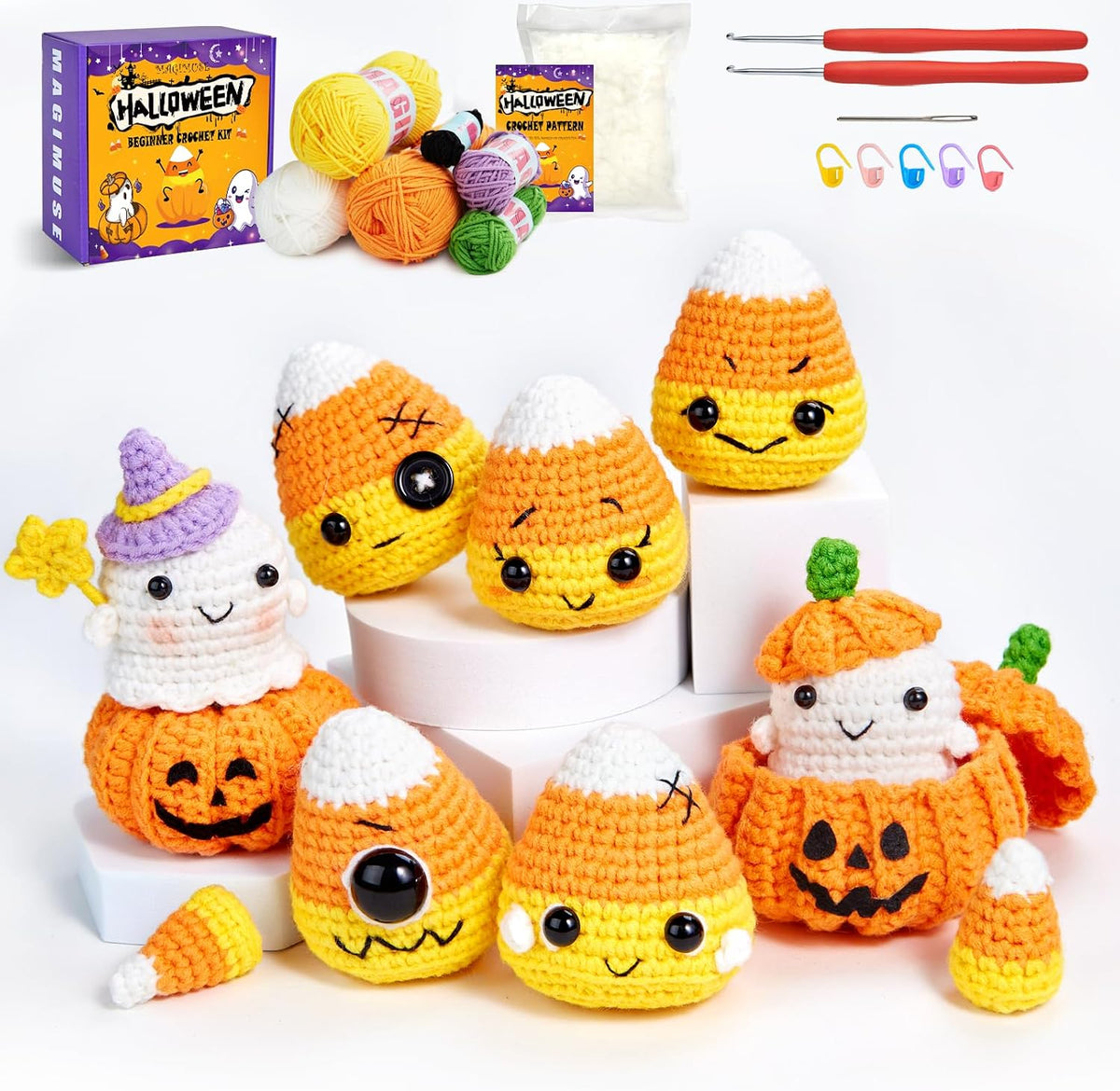 MAGIMUSE Halloween Crochet Kit for Beginners, Crochet Starter Knitting Kits for DIY Amigurumi Knitting Hooks Yarn Set with Step-By-Step Video Tutorials, Candy Corn, Goblin, Pumpkin (40%+ Yarn)