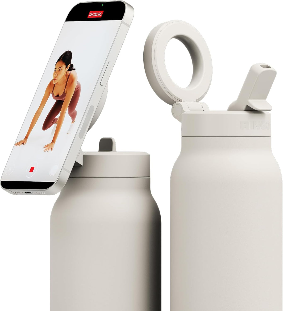 RINGO PRO Insulated Water Bottle, Magnetic Phone Tripod Mount, Ivory, 24 Oz