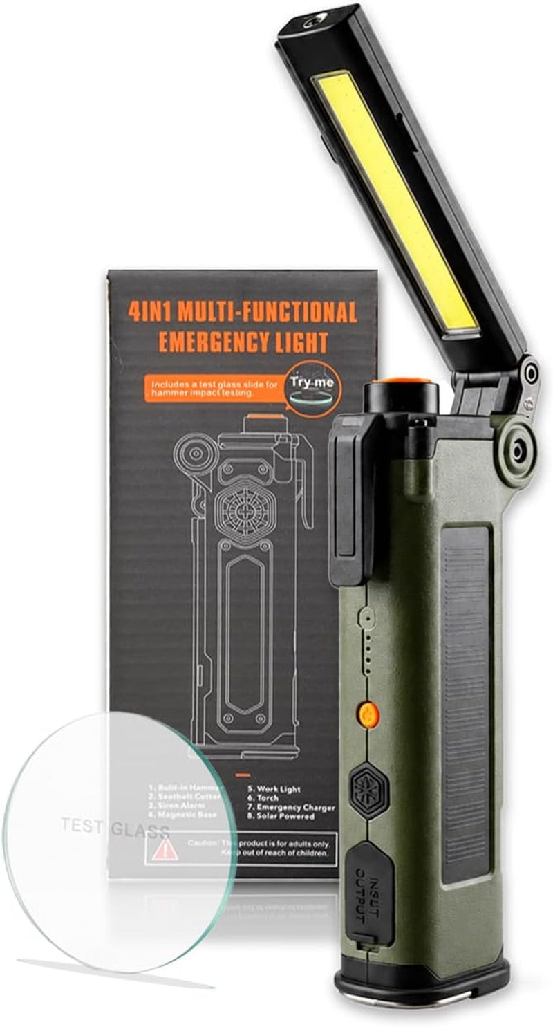 Automaniacs All-In-1 Car Safety Tool, Solar Rechargeable Window Breaker & Seat Belt Cutter with 270Β° Adjustable COB Work Light, Flashlight, Magnetic Base, SOS Alarm for Roadside Repairs, Camping