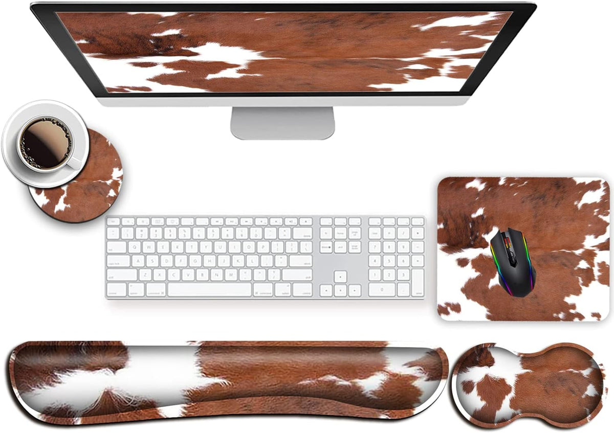 Mousepad with Wrist Support Ergonomic Premium Memory Foam Keyboard Wrist Rest,Easy Typing Gaming Mouse Pad with Cloth, Non-Slip PU Base,Cute Cowhide Animal Skin Leopard Brown Cow
