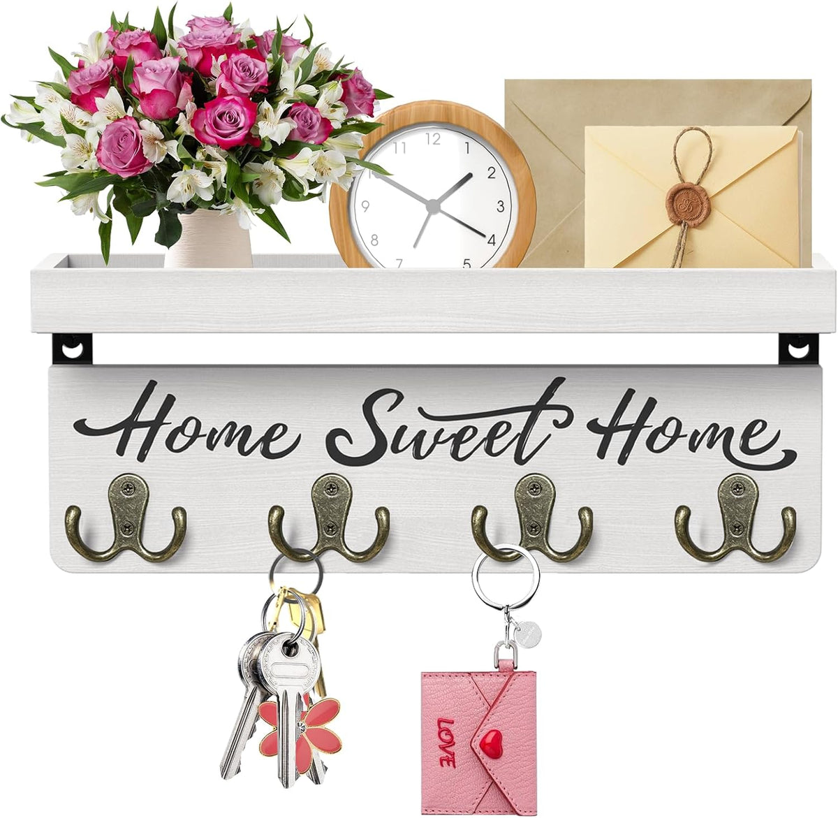 Buways Key Holder Wall Mount with 8 Hooks and Cozy Home Sign(White)
