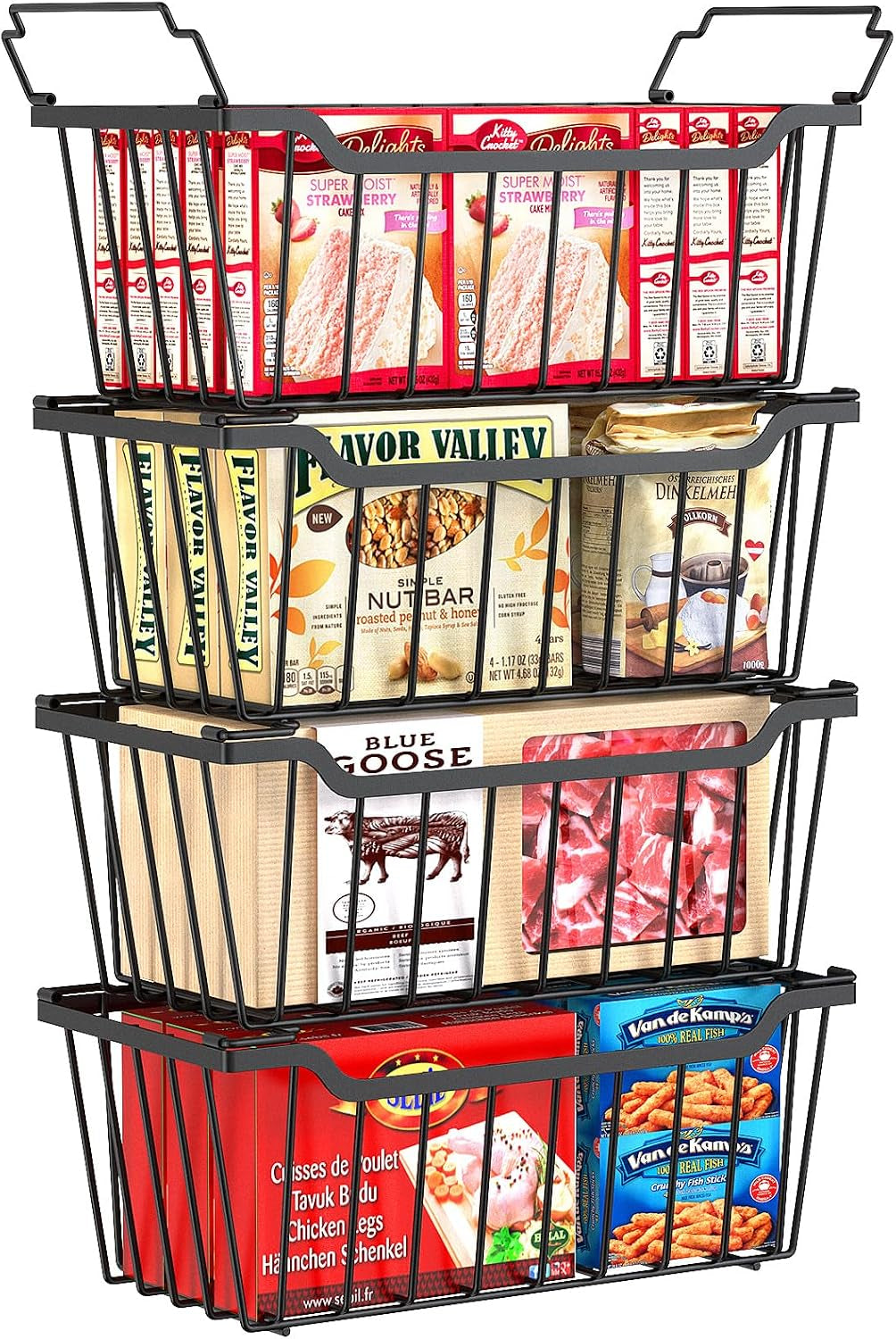 SUNALLY Freezer Organizer Bins, 4 Pack Stackable Pantry Storage Bins, Black