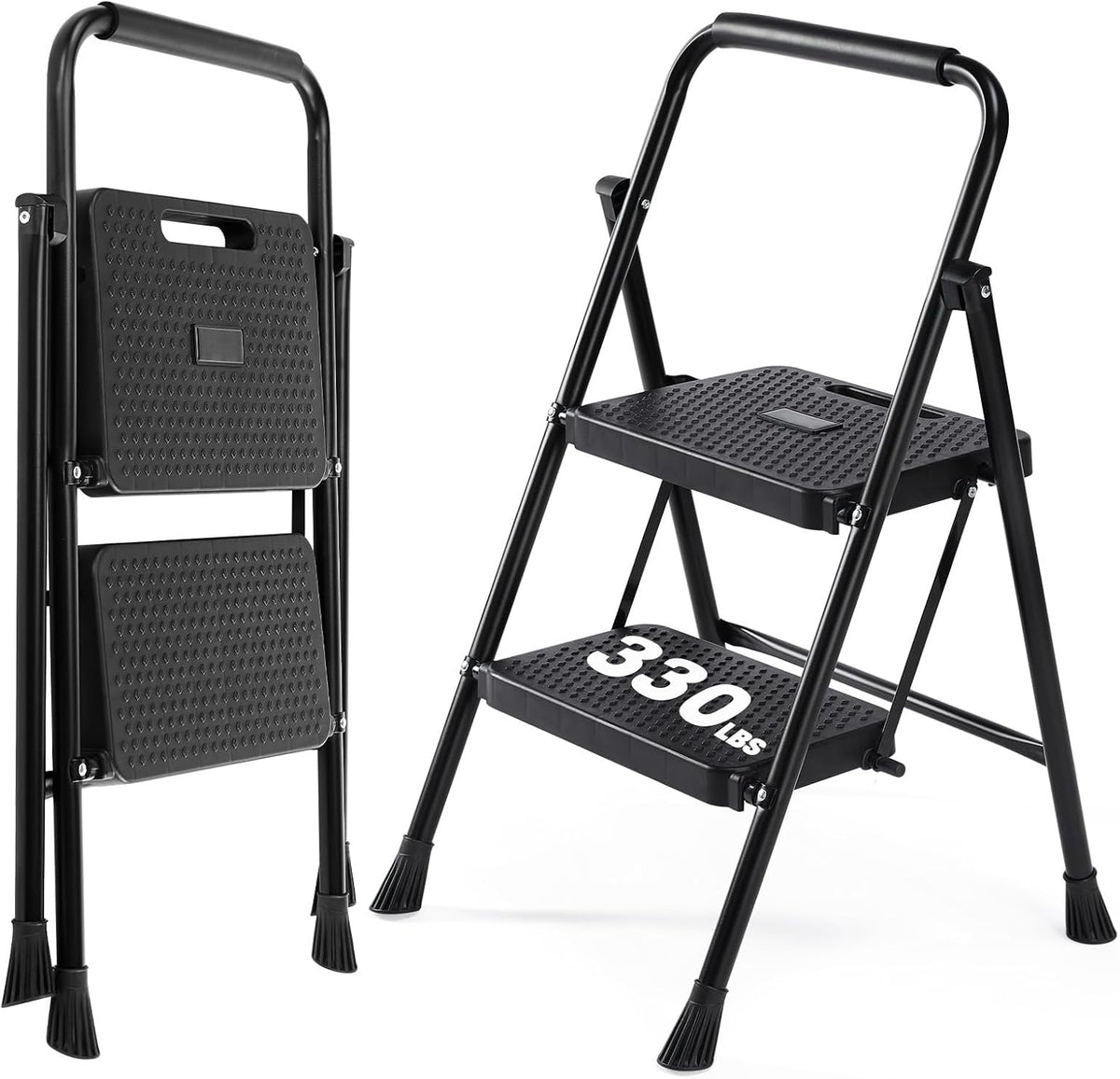 DUMOS Step Ladder, 2 Sturdy Step Stool with Anti-Slip Pedal & Comfortable Handrail, Portable Heavy Duty Stool for Kitchen, Garage & Outdoor Use, 330Lbs, Black