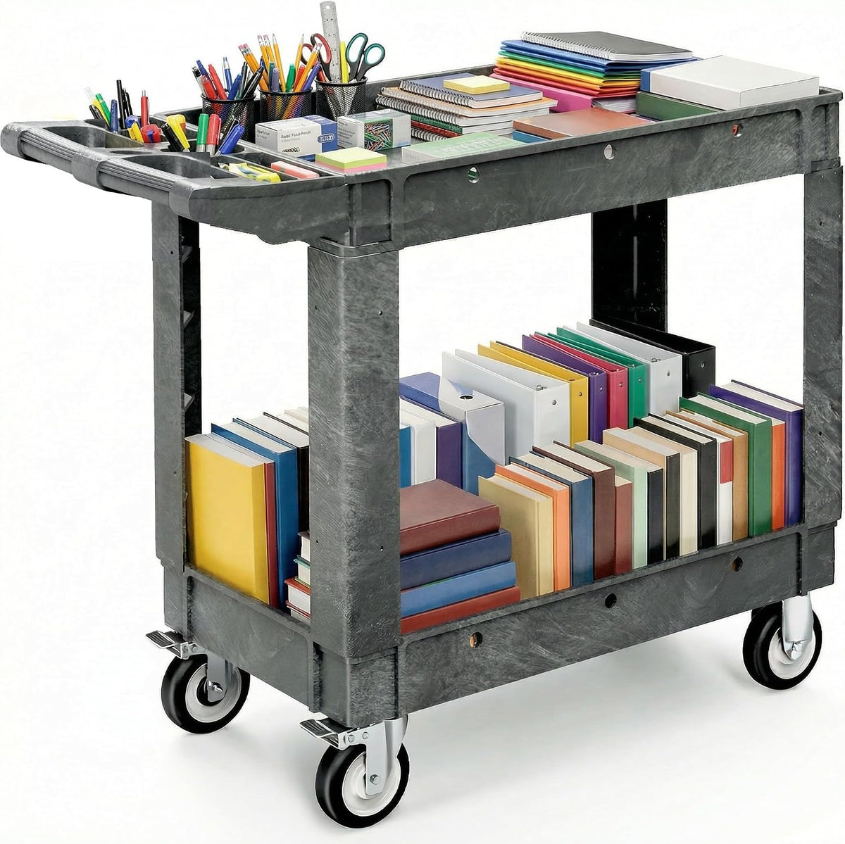 DWVO 2 Tier Heavy Duty Gray Plastic Cart with Wheels & Brake, 40X17In