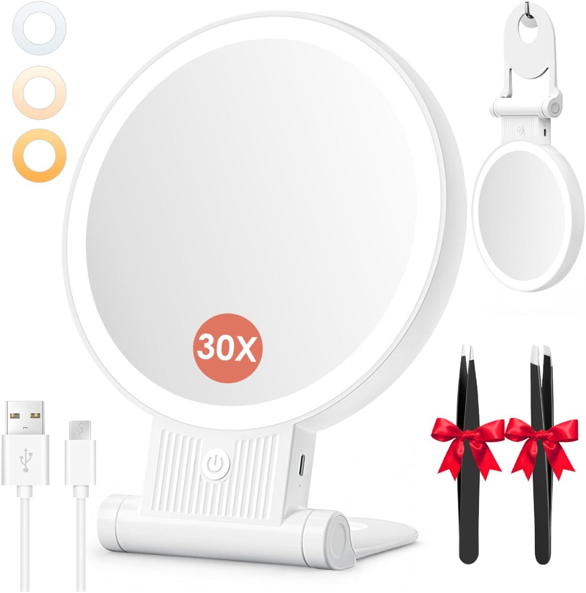 Auxmir Rechargeable 1X/30X Magnifying Makeup Mirror with Light, White