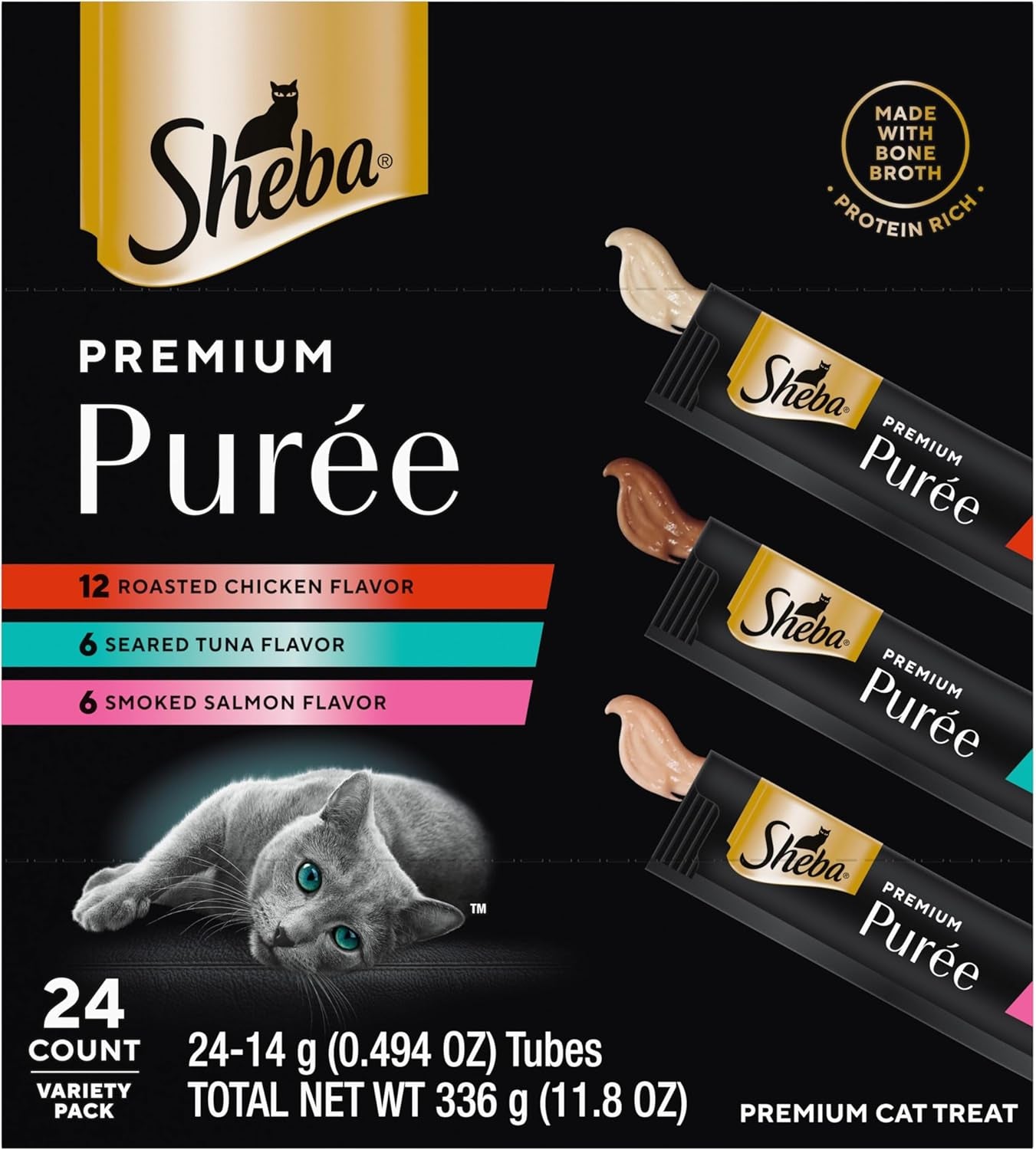 Sheba Premium Puree Cat Treats Lickable Roasted Chicken Flavor, Smoked Salmon Flavor, and Seared Tuna Flavor, 0.49 Oz. Tubes, 24 Count