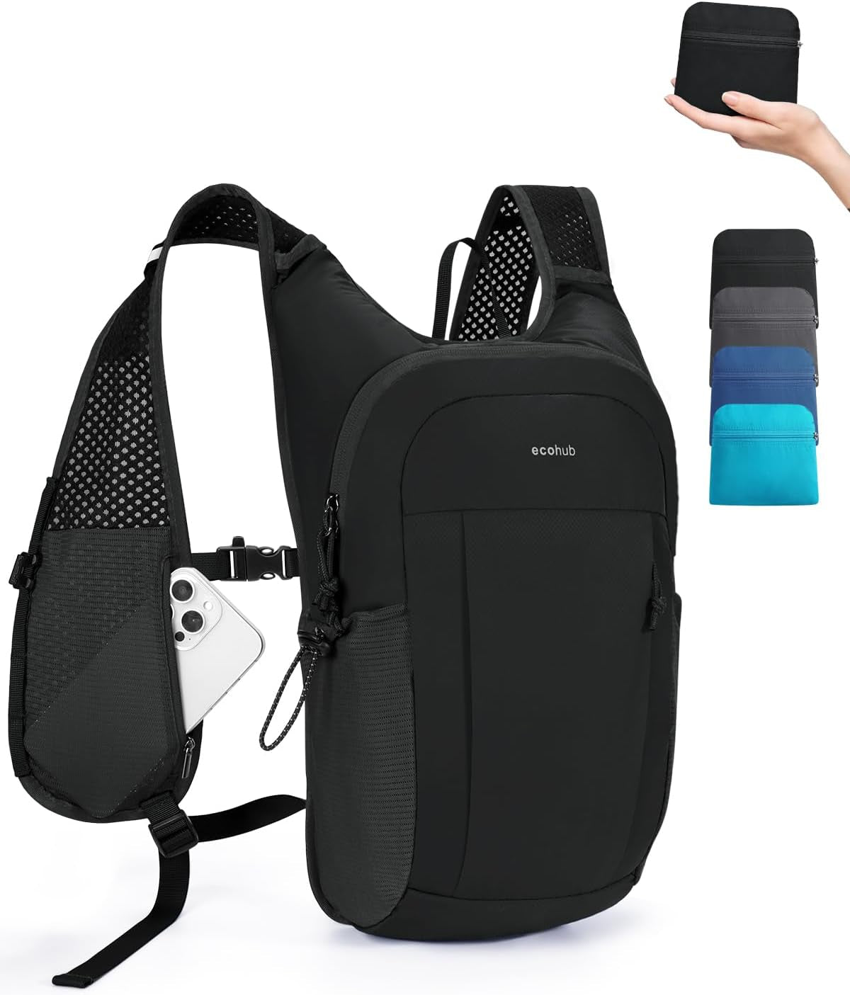 ECOHUB Small Hiking Daypacks Men 15L Lightweight Backpack for Travel Black