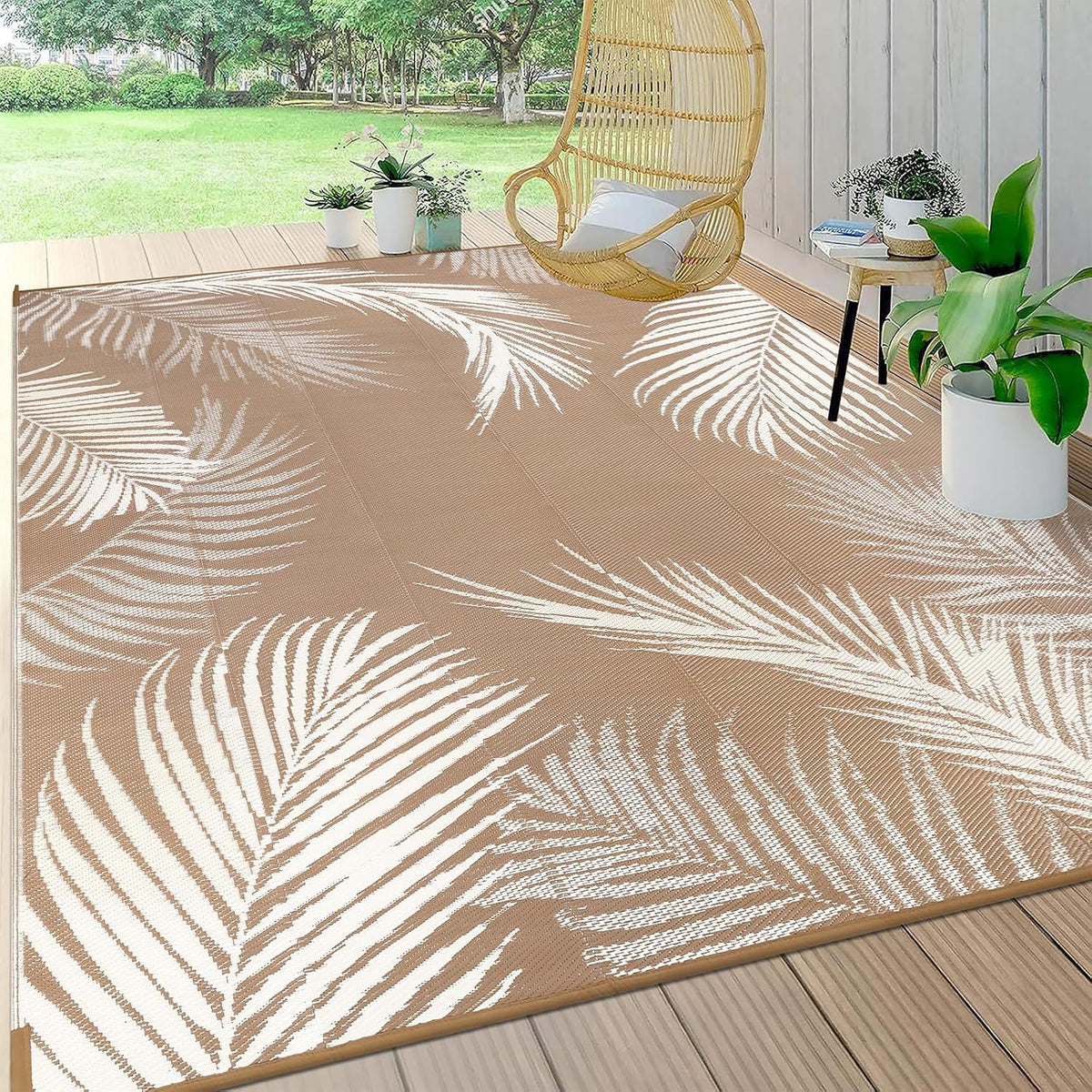 Pauwer Waterproof Outdoor Rug 10X14, Plastic Straw Patio Mat, Leaf Brown