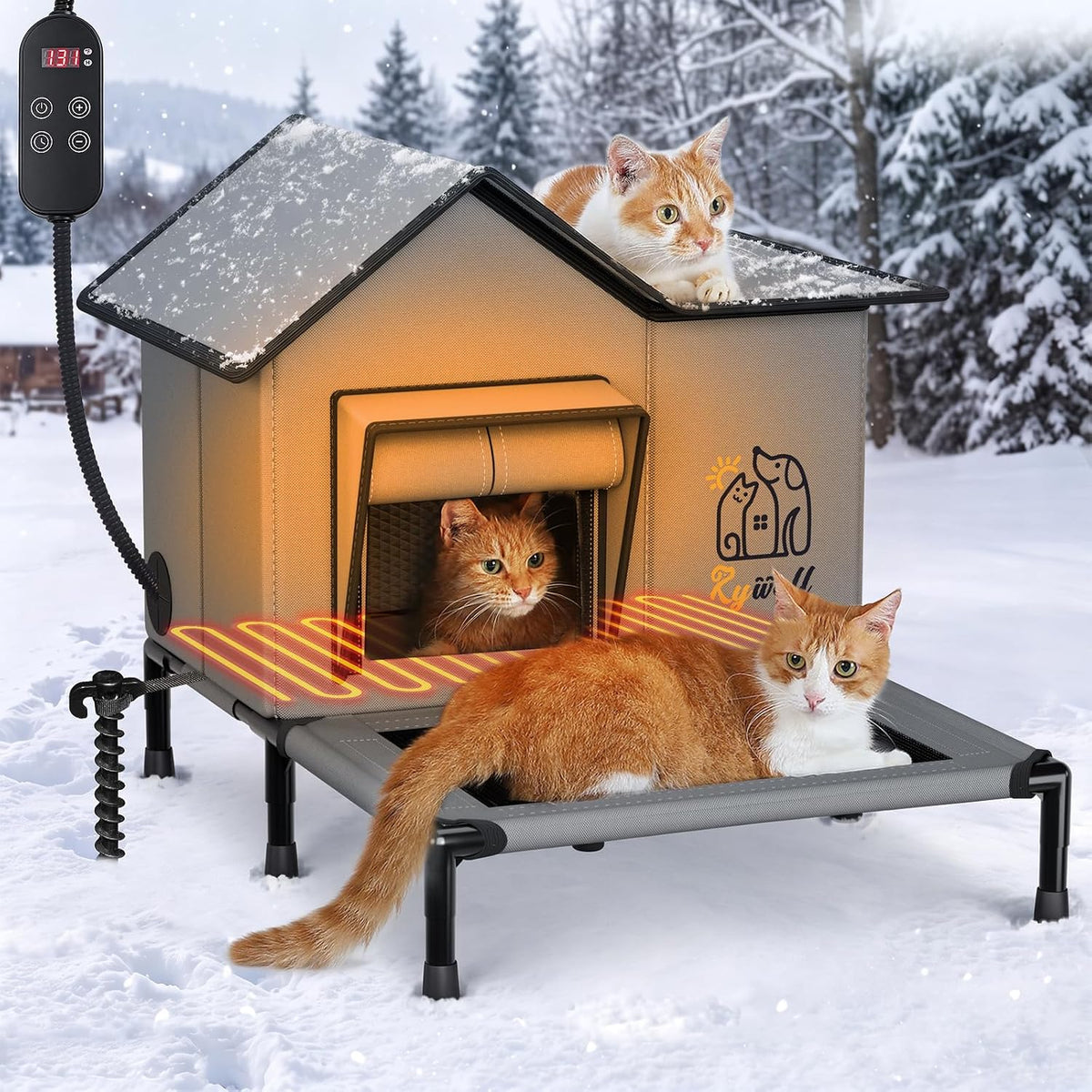 Rywell Heated Cat House, Weatherproof Insulated Outdoor Cat Shelter Timer