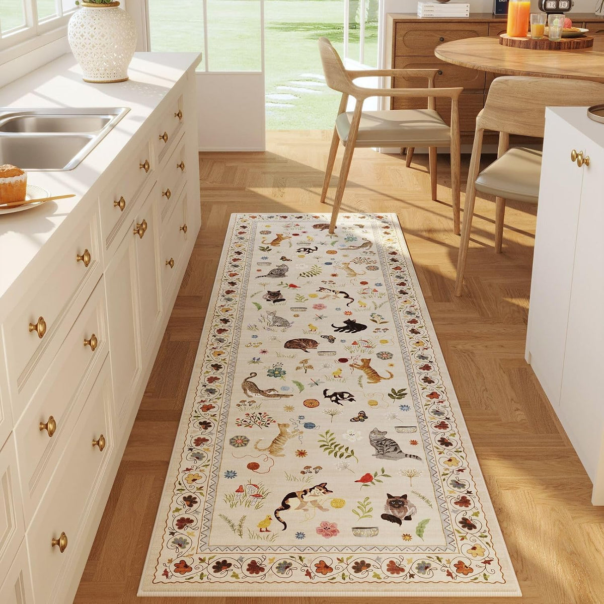 Rugcomf Runner Rug 2X6 Washable Non Slip Floral Animal Cat, Beige