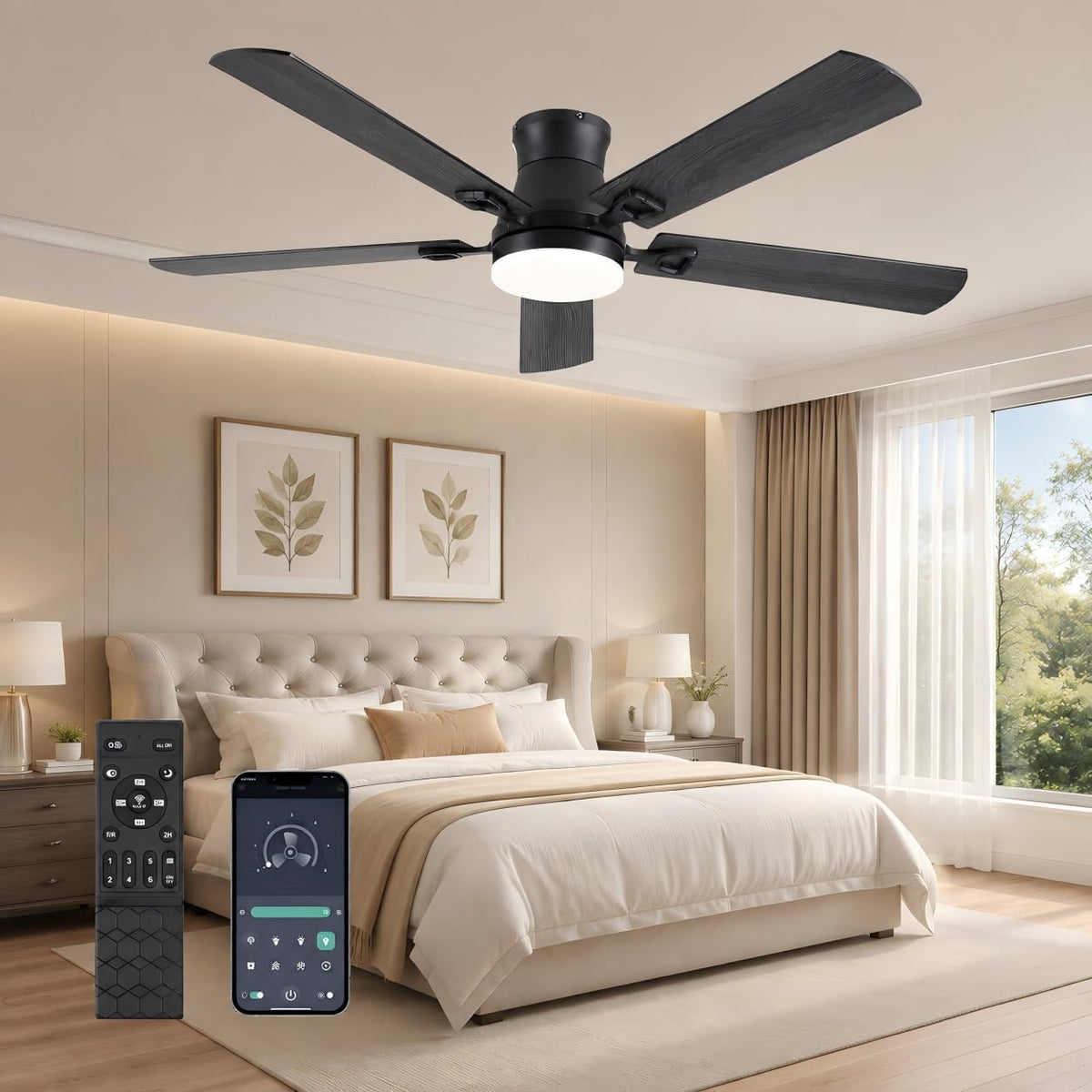 KNUN Ceiling Fans with Lights,52 Inch Low Profile Ceiling Fan with Light and Remote Control/App,Modern Flush Mount Ceiling Fan, DC Motor 3CCT Dimmable, Noiseless Black Fan Light for Living Room,Patio
