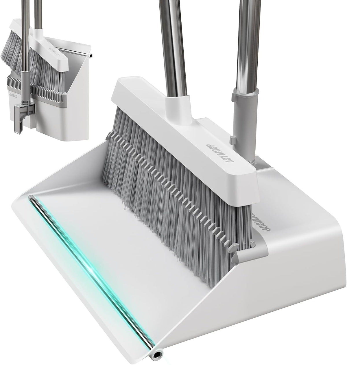 JOYMOOP White Broom and Dustpan Set with Built-In Comb Tooth, Upright Stand up Design, Foldable Dustpan with Angled Broom, Household and Commercial Cleaning Supplies for Home Kitchen Hardwood Floor