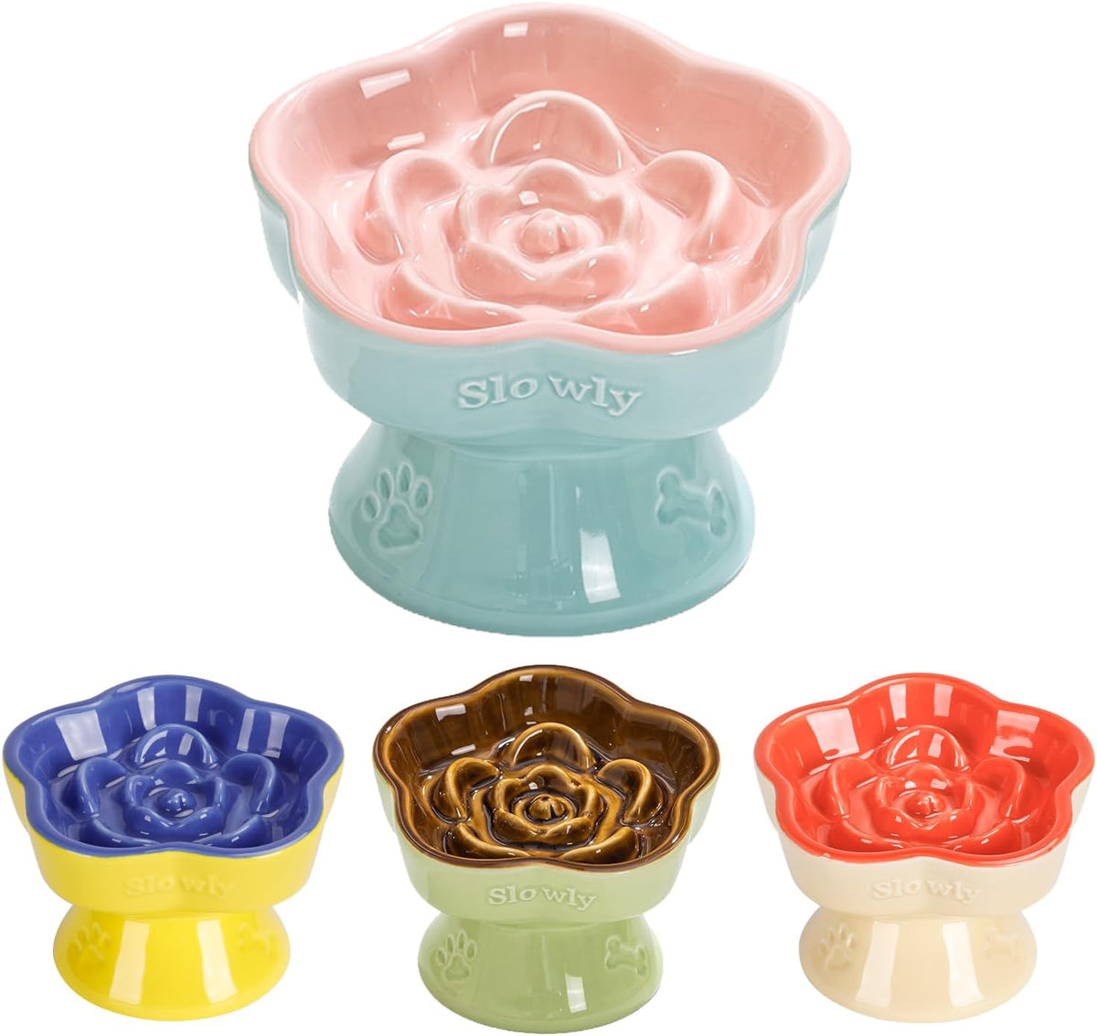 S&Q'S CERAMICS Raised Slow Feeder Cat Bowl, Ceramic Elevated and Titled Glass Food Bowl Small Dogs Slow Feeder, Flower Shaped Cute Cat Dish for Dry and Wet Food (Pink, 5.8")