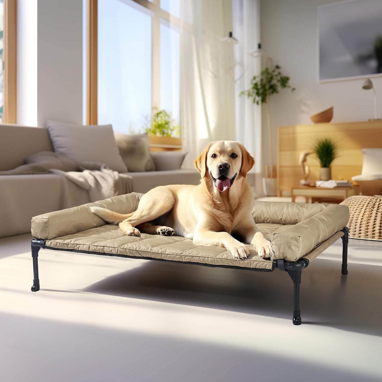 Veehoo Cooling Elevated Dog Bed Add Removable Waterproof Bolster Cushion Mat, Raised Pet Cot with Breathable Teslin Mesh, No-Slip Feet, Dog Couch Bed for Indoor Outdoor, 42X30Inches, Beige, CWC2331B