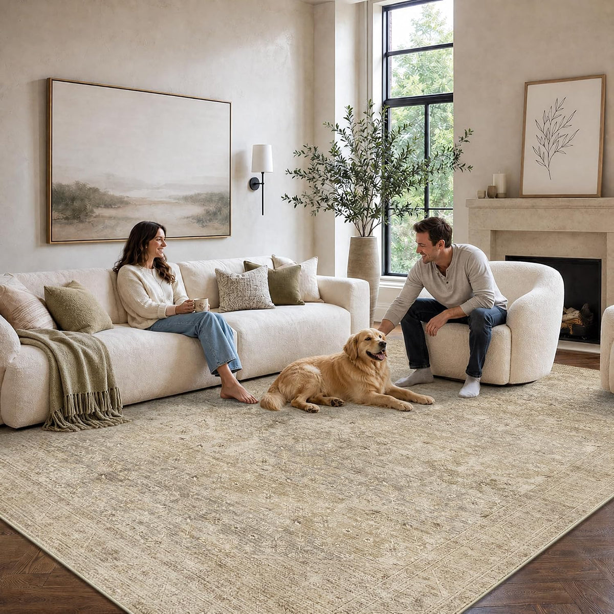 8X10 Washable Boho Area Rug, Dark Beige Farmhouse for Living Room