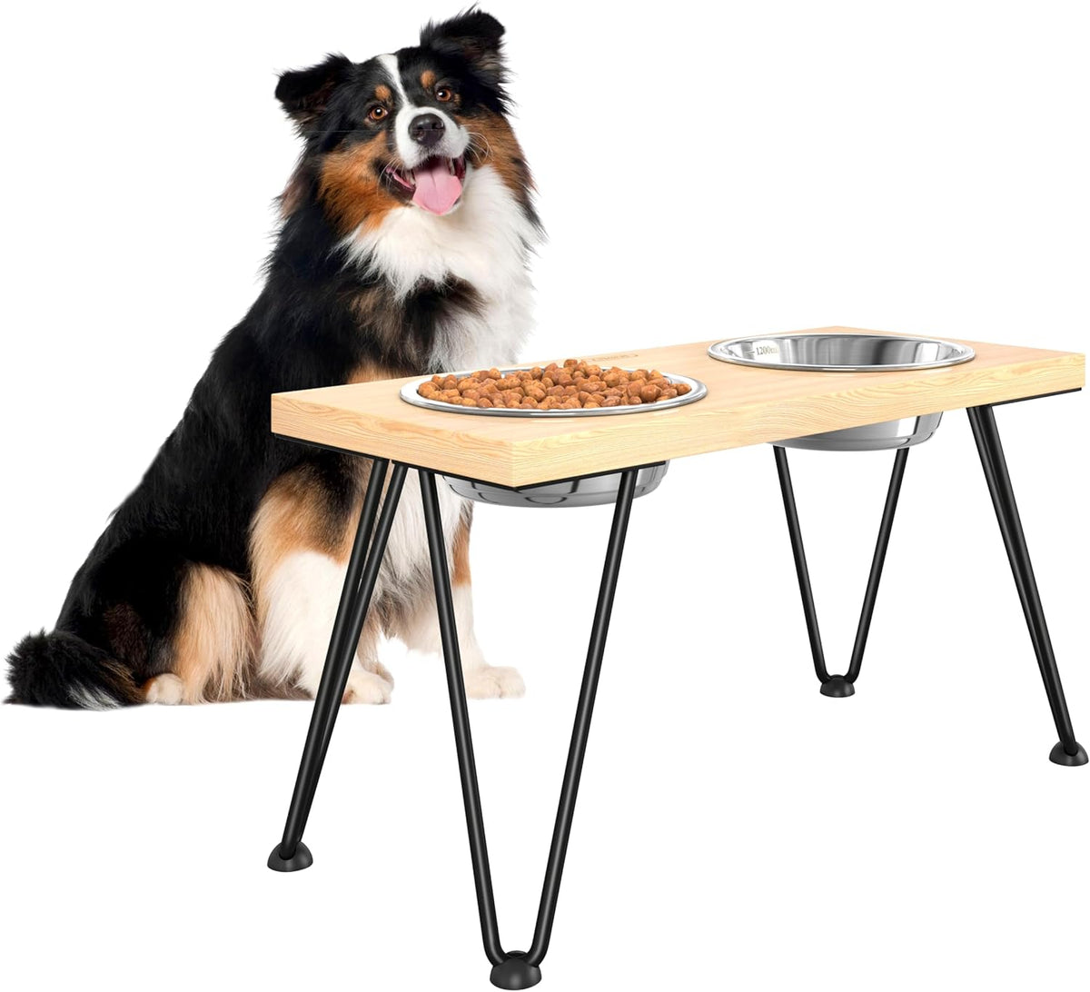 ROTHLEY Elevated Dog Bowls: Raised Dog Bowl Stand for Large Dogs Oak Wood Dog Food Stand with 2 Stainless Steel Bowl Set Aesthetic Modern Dog Feeding Table with Non-Slip Hairpin Legs for Tall Dogs