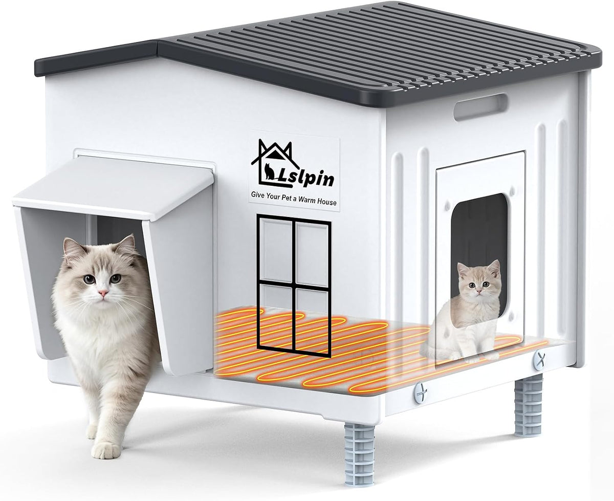 Heated Cat House for outside Cats in Winter, Indestructible Heated Outdoor Cat House Weatherproof with Elevated Feet & Escape Door, Outdoor Cat Shelter for Feral Stray Cat Kitty. 17.7"X15"X19"