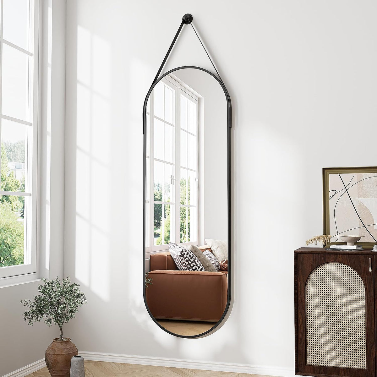 Full Length Mirror Wall Mounted, 48"X16" Oval Hanging Mirror (Black)