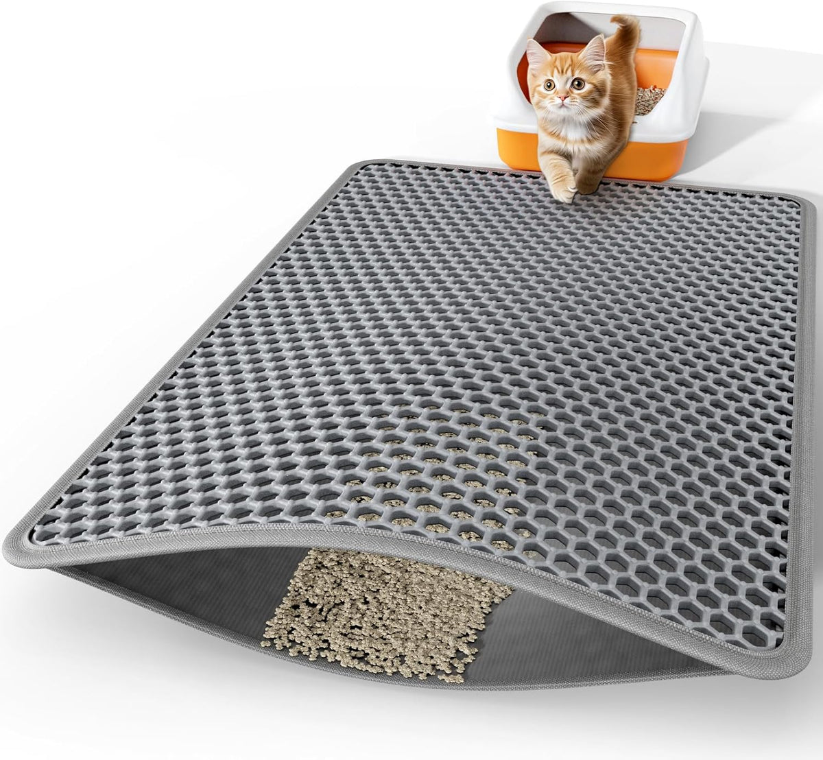 Powools Cat Litter Mat, Double-Layer, 46 X 35 In, Urine-Proof, Grey
