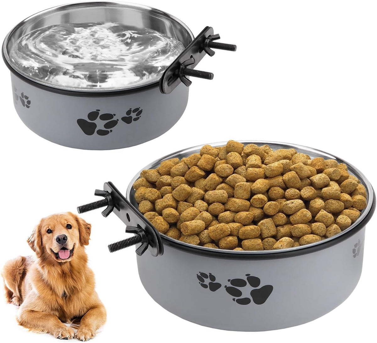 Dog Crate Water Bowl Stainless Steel Hanging No Spill, Gray, L