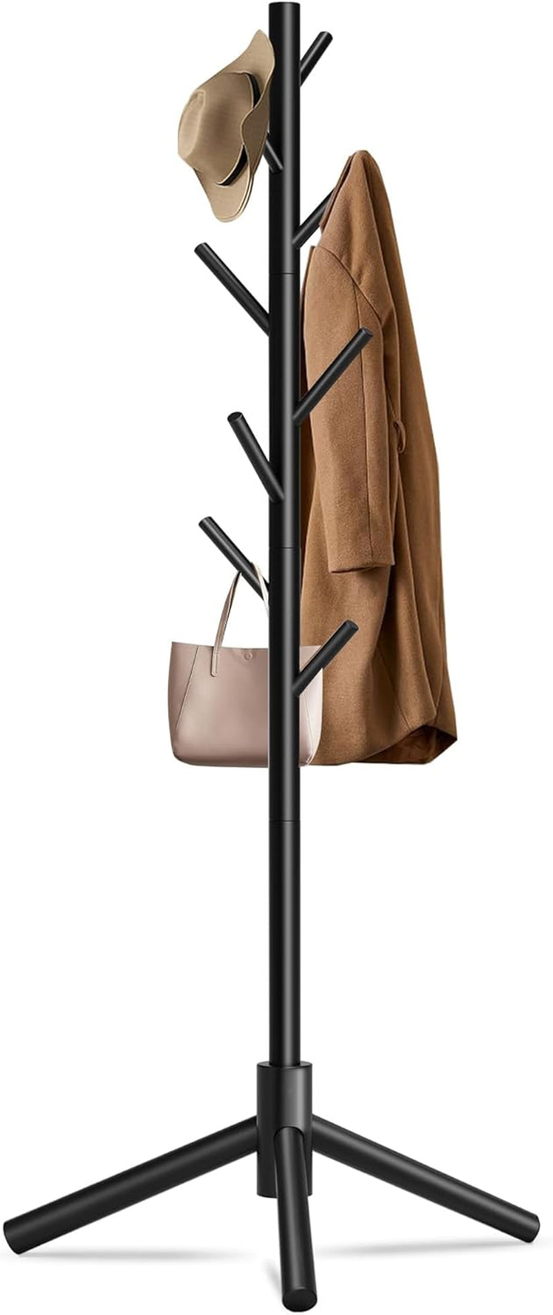 Unisakey 8-Hook Freestanding Wooden Coat Rack 3 Adjustable Heights Black