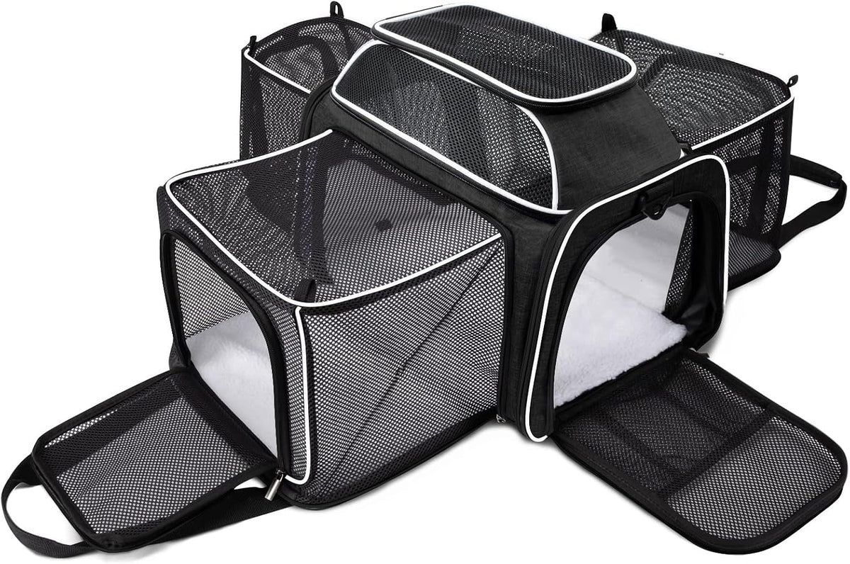 Cat Carrier Bag,Airline Approved Pet Carrier Soft Side Pet Travel 5 Sides Open Doors 6 Sides Expandable Foldable Dog Carrier with Fleece Pad(Patent Pending) Black