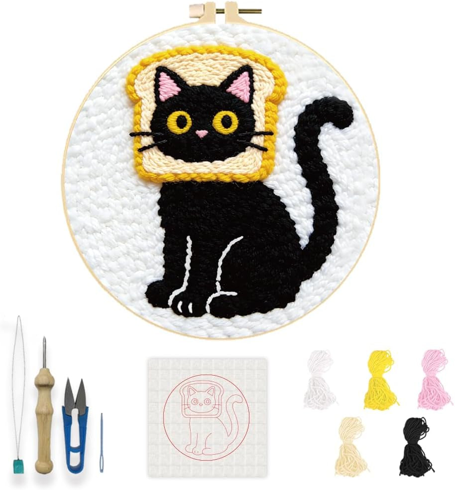 INFUNLY Bread Cat Punch Needle Embroidery Kit 8.7 Inch round Punch Needle Craft Kit Cartoon Kitten DIY Punch Embroidery Kits Pets Needlepoint Starter Kits for DIY Craft Lovers Gift Home Decor