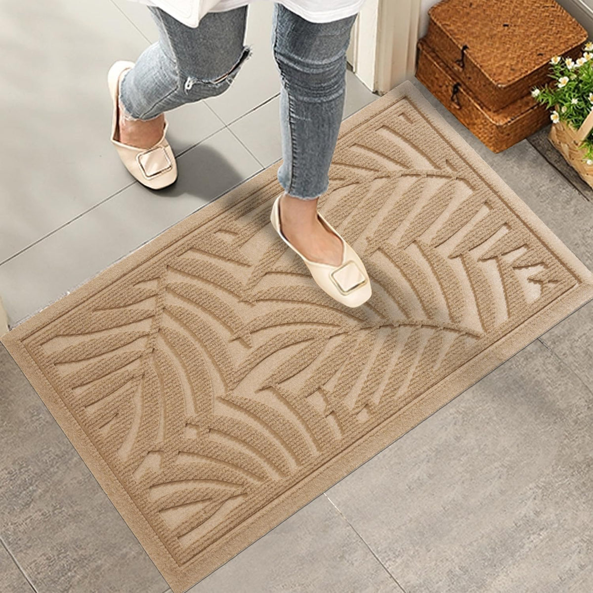 HIYARD Front Door Mat, Absorbent Resist Dirt Welcome Door Mat Indoor Outdoor, Waterproof Doormat, Sturdy Non Slip Backing, Fade Resistant, Low Profile Entry Mat for Entryway, 29×17, Beige