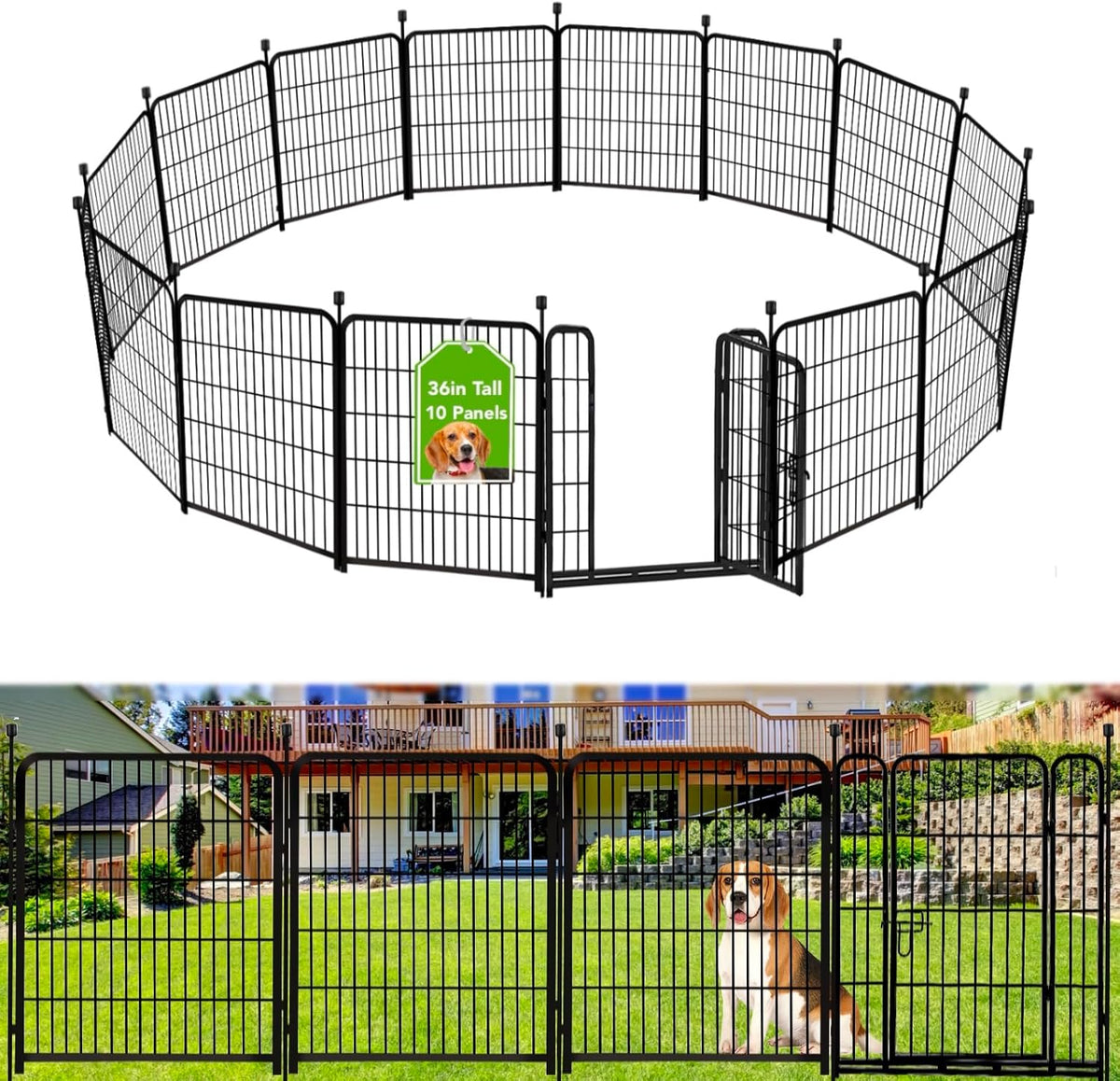 ADAVIN Dog Fence Outdoor for Yard, Garden Fence with Gate, 36In 10 Panels | 22.1Ft No Dig Heavy Duty Iron Metal Animal Barrier, Low Threshold Door, Indoor and Outdoor Pet-Friendly, Easy Set Up