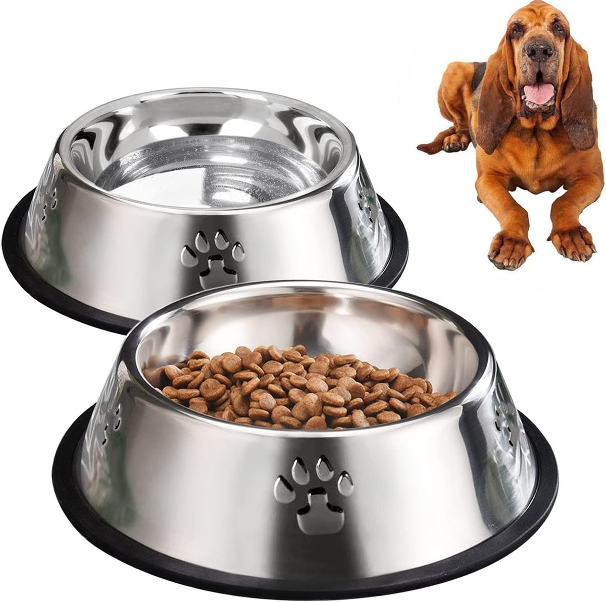 YUDANSI 2 Stainless Steel Dog Bowls, Dog Feeding Bowls for Large Dogs, Anti-Turnover Pet Dish with Rubber Base, Medium and Large Pet Feeder Food Water Plate (Xl-51Oz)