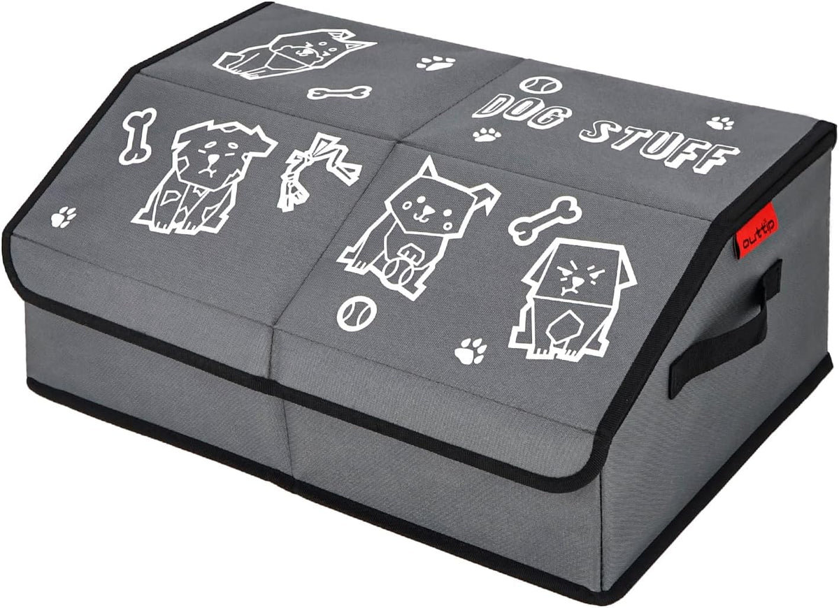 Dog Toy Box with Lid and Removable Divider, 19" Collapsible Toy Basket and Handle,600D Fabric Cute Puppy Organizer for Pet Toys and Accessories - Grey - 1Pcs
