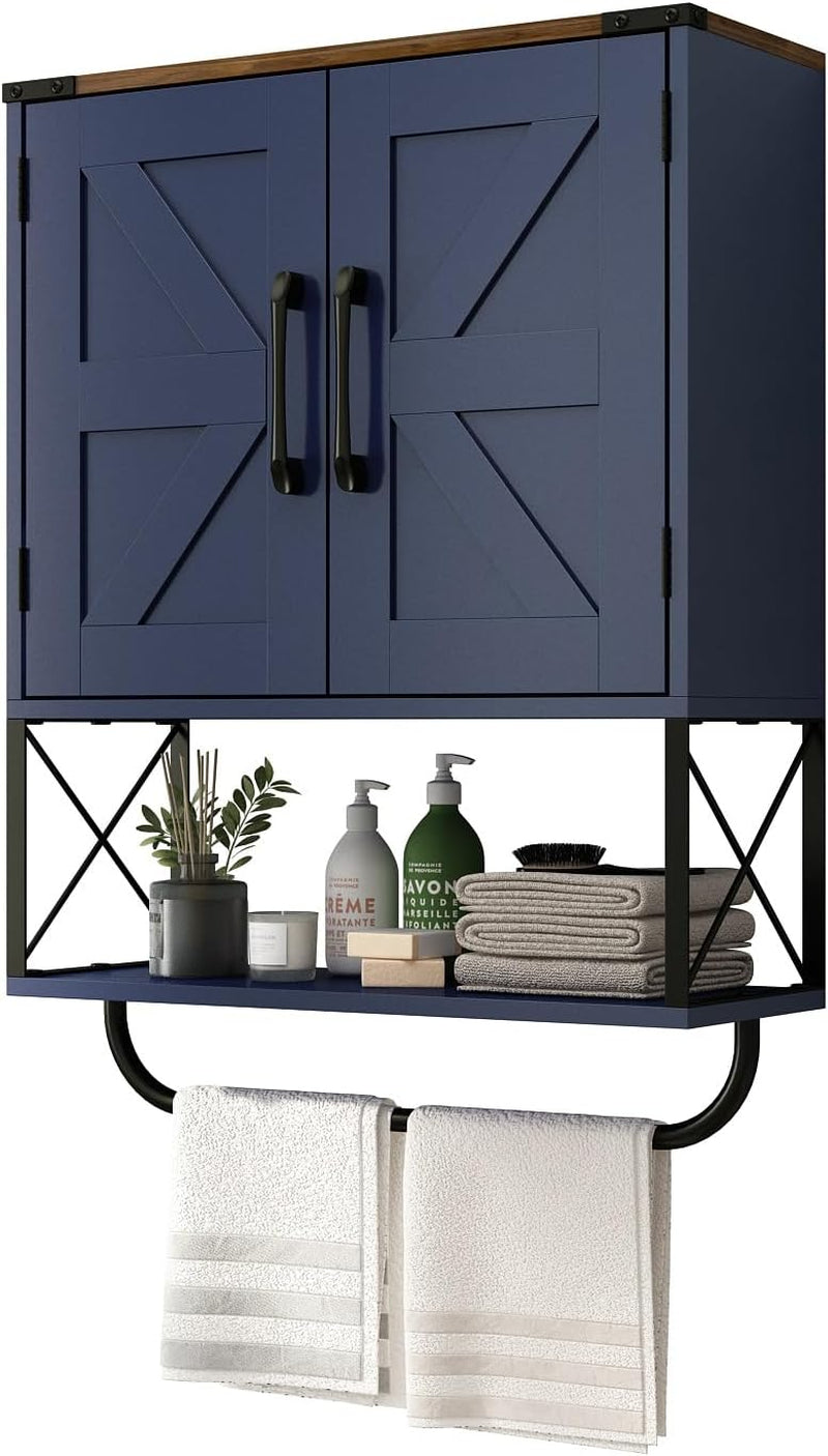 RUSTOWN Farmhouse Medicine Cabinet with 2 Barn Door & Towel Bar Rack