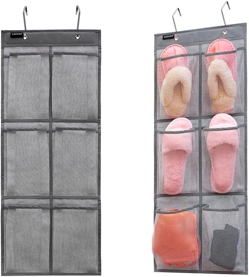 2 Pack Minimalist Black over the Door Hanging Closet Shoe Holder Organizer with 6 Pockets (Mesh Pockets)