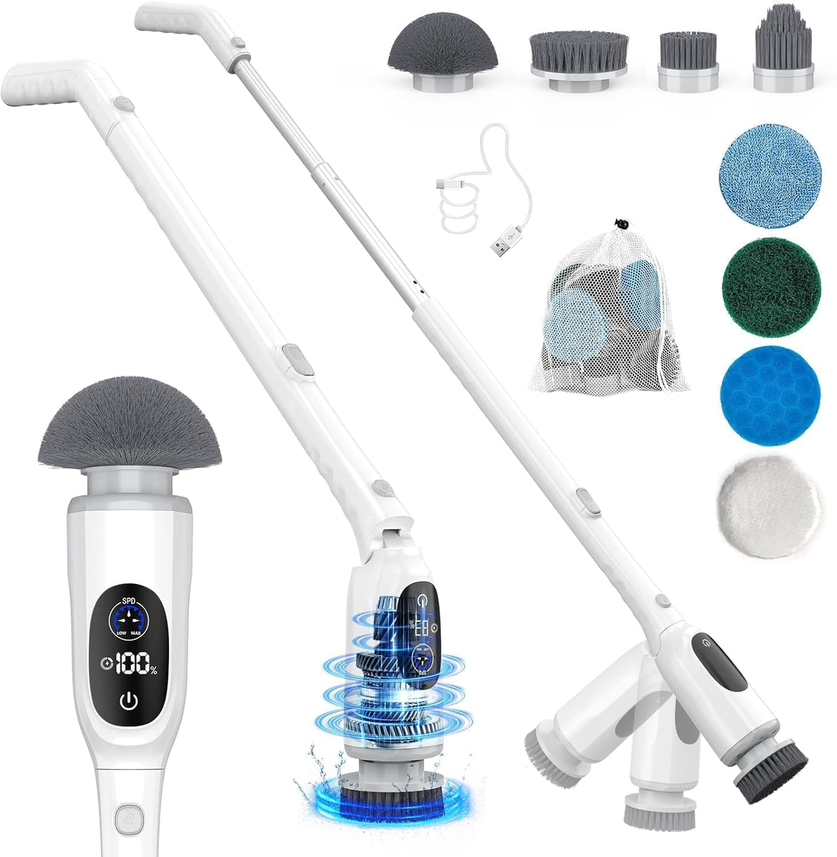 Electric Spin Scrubber, 200Mins Runtime Bathroom Scrubber with 3-Speed & LCD Display, Full-Body IPX7 Shower Scrubber with 8 Heads for Bathtub Kitchen Floor Grout, 53IN Extendable Handle