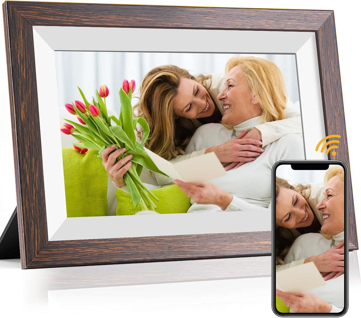 Frameo 10.1 Inch Wifi Digital Picture Frame with Frameo App, IPS Touch Screen HD Electronic Digital Photo Frame, Share Photos & Videos Instantly, Auto-Rotate Digital Picture Frame, Brown Wood
