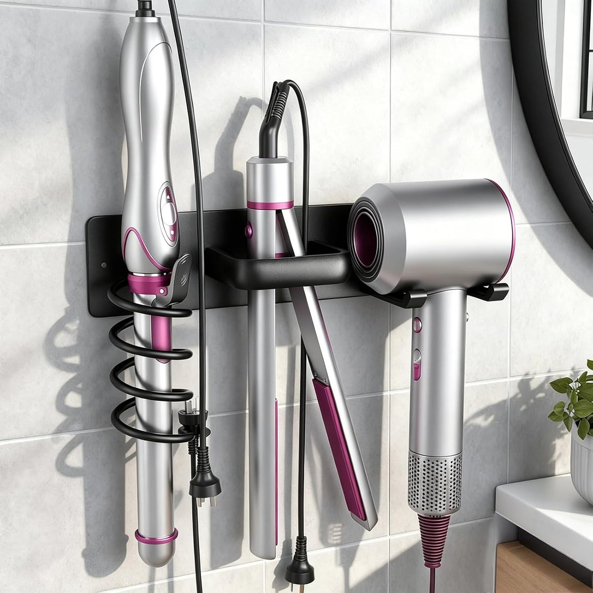 3-In-1 Aluminum Hair Dryer Holder, Matte Black Styling Tools Rack