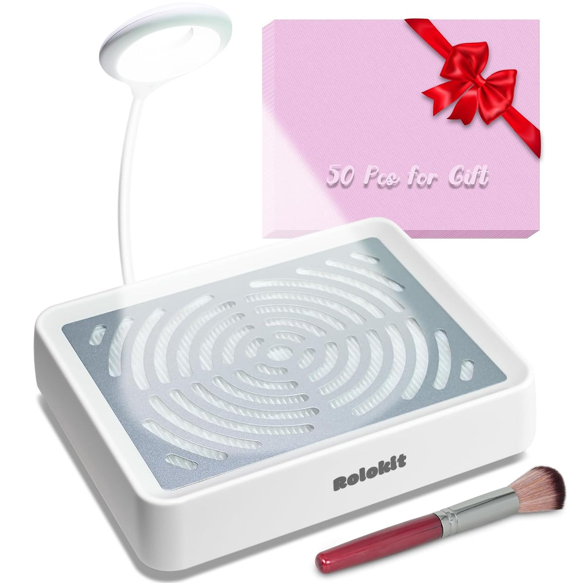 Nail Dust Collector with Lamp&50Pcs Disposable Filter&Dusting Brush, Electric Nail Vacuum Cleaner Dust Fan Suction Machine for Manicure Acrylic Gel Nails Polishing, Low Noise,Salon Home