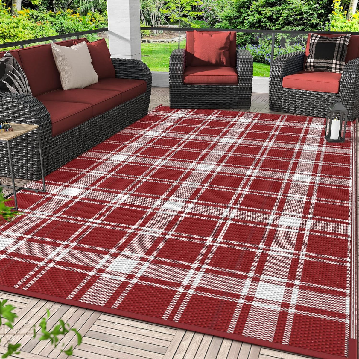 GENIMO Christmas Outdoor Rug, 5'X8' Plastic Rugs for Patio, Red White