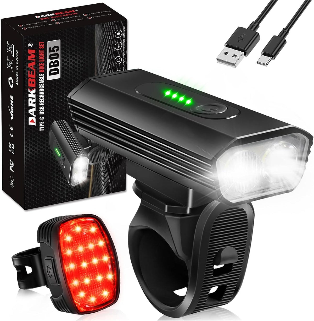DARKBEAM Bike Headlight Rechargeable USB-C, Bicycle Lights 4000LM