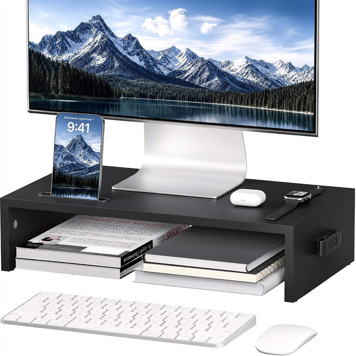 1Home Monitor Stand Riser, 16.7 Inch Wood Monitor Riser Stand with Storage Organizer, Desktop Ergonomic Monitor Stand Riser with Cellphone Holder and Cable Management, Black
