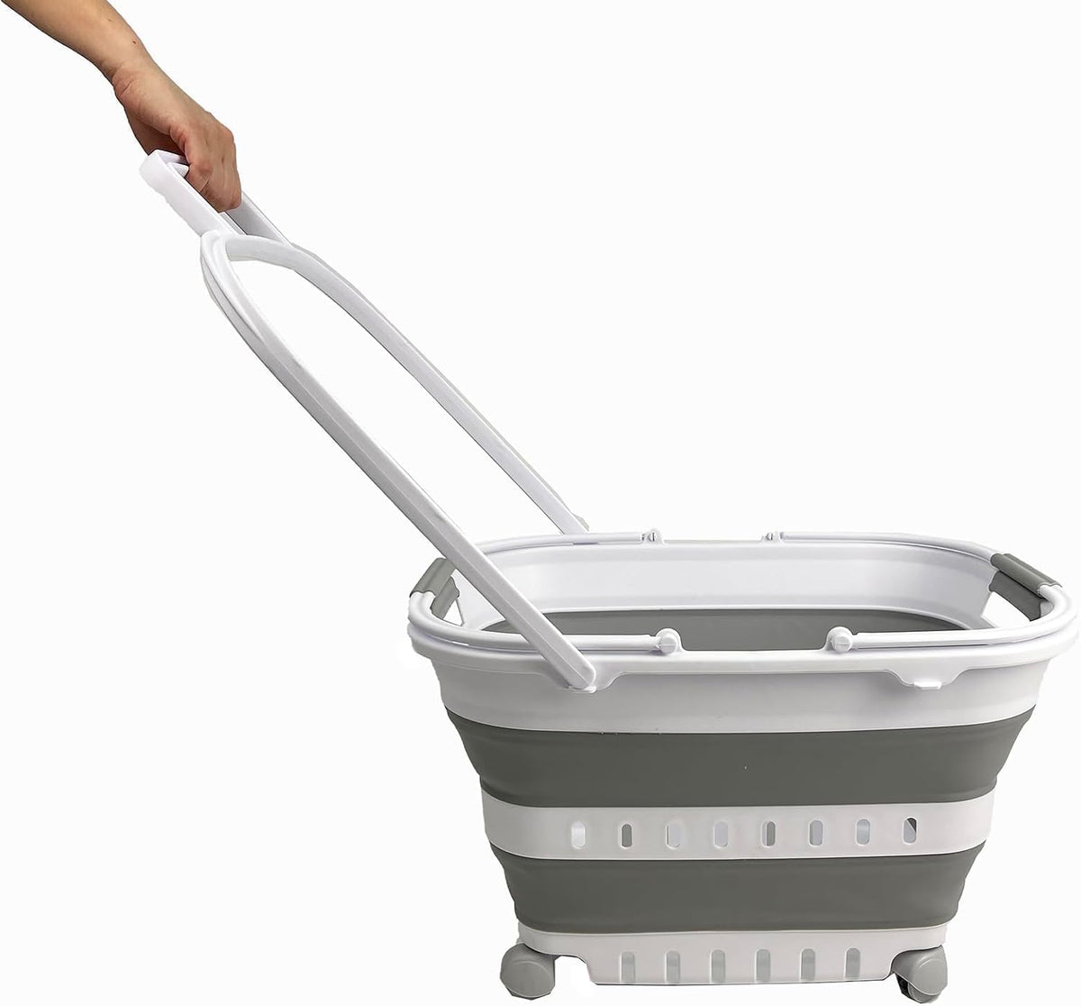 SAMMART 35L (9.24 Gallons) Collapsible Plastic Laundry Basket with Handle and Wheels - Foldable Pop up Storage Container/Organizer with Handle and Wheels - Space Saving (1, White/Grey)