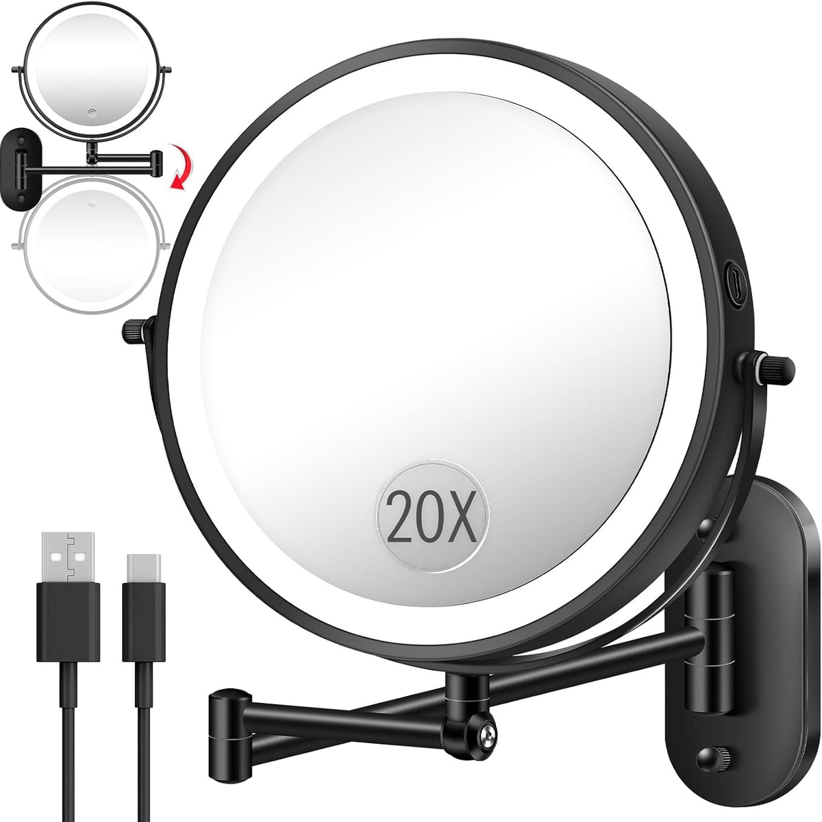 20X 9" Wall Mounted Magnifying Makeup Mirror with Light Height Adjustable