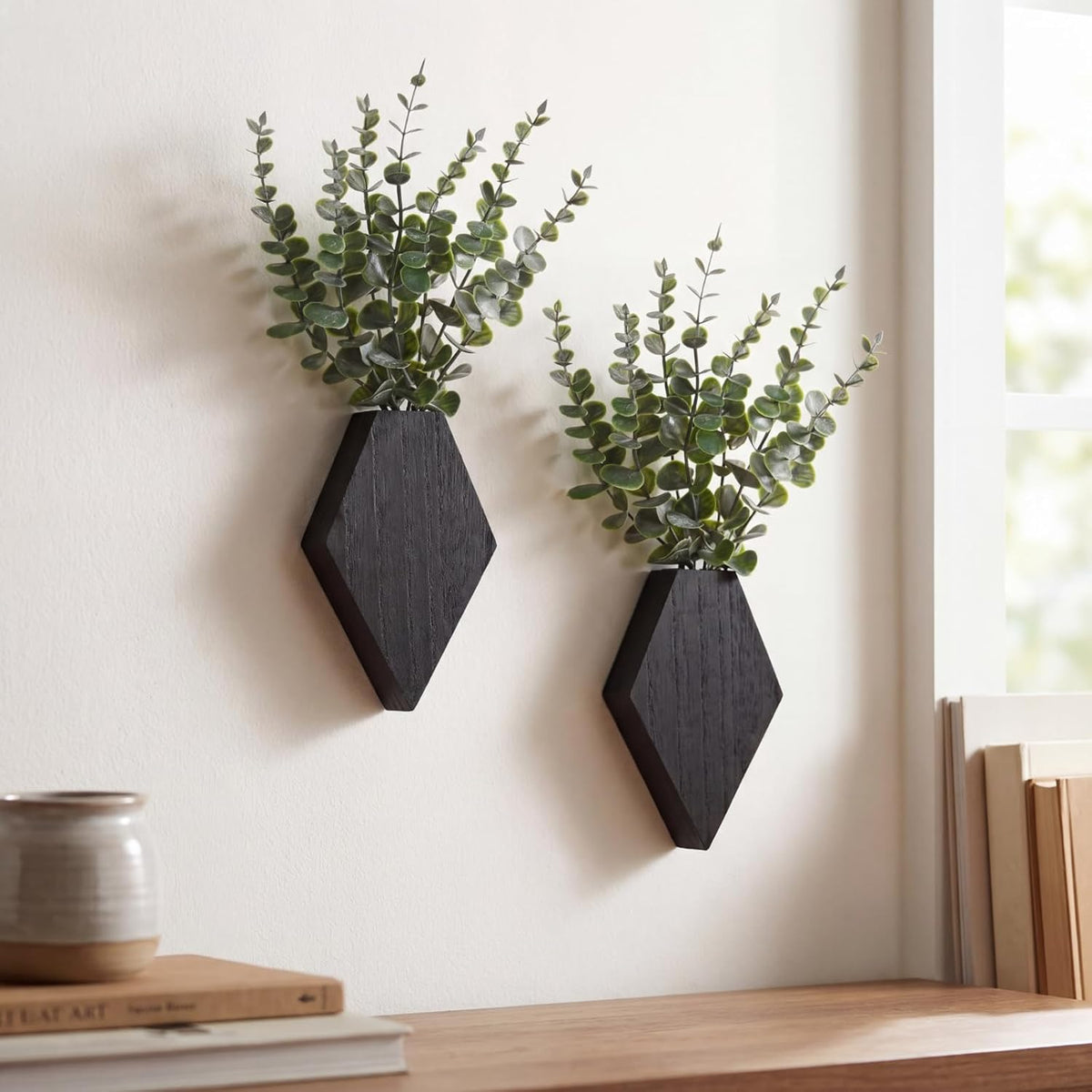 Chunful 2 Pcs Wooden Wall Planter Decor,Black,7.1 X 4.7 X 1.2 Inches