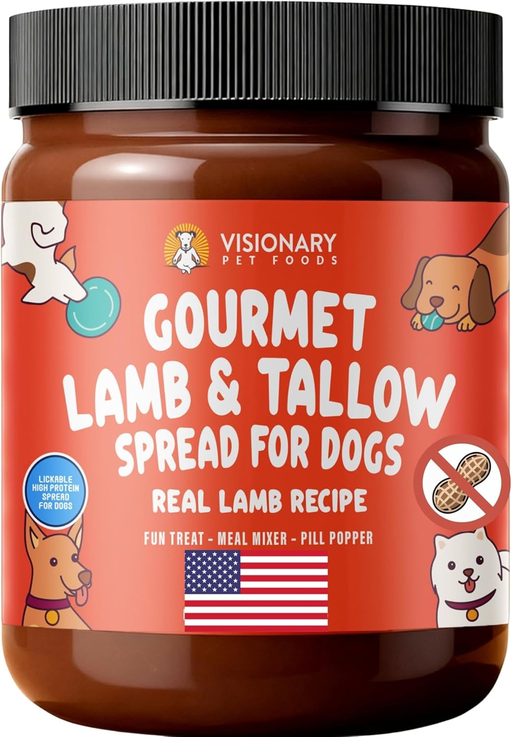 Visionary Pet Foods Lamb and Tallow Meat Spread - Healthy Dog Treat - Alternative to Dog Peanut Butter, Xylitol Free, No Sugar and Filler Free - Use on Lick Mat, Food Mixer, Pill Pockets - 12Oz Jar