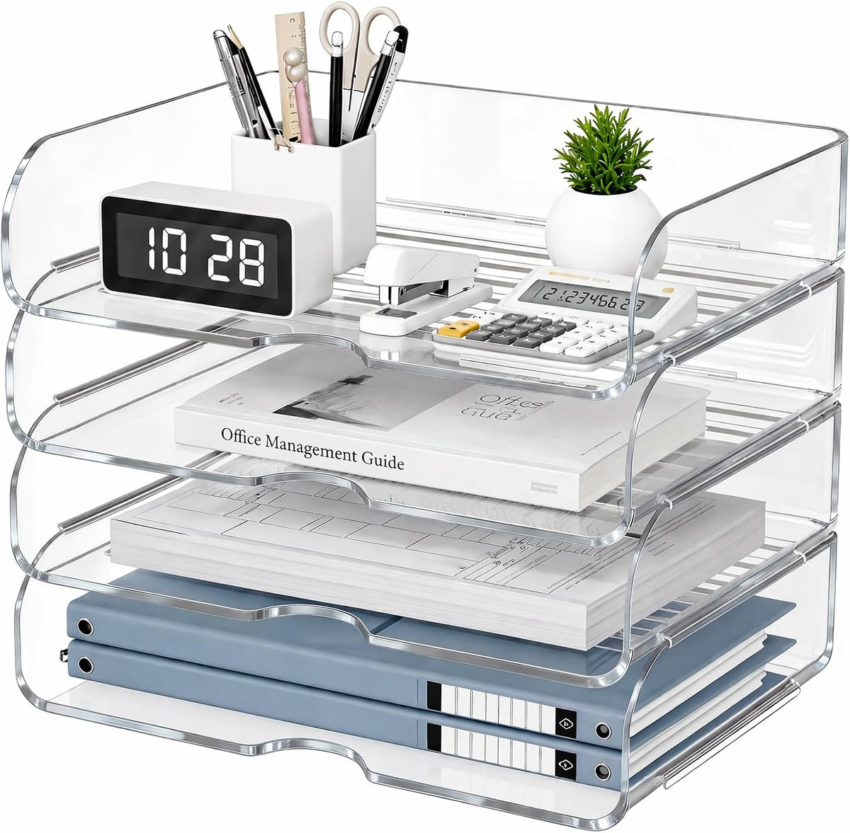 Clear Office Desk Organizer for A4 Letter Paper, 4 Tier Horizontal