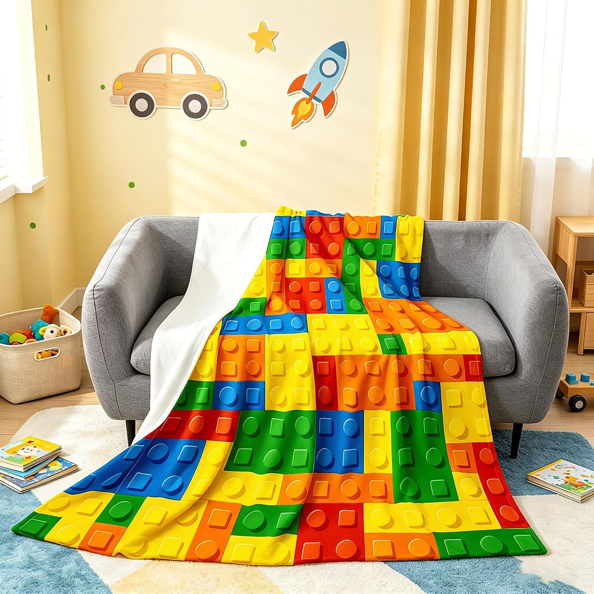 Building Blocks Thermal Insulated Flannel Fleece Throw Blanket,Toy Geometric Rectangle All Season Bed Blanket Fuzzy Blanket for Bed Sofa Couch,Modern Style Bedroom Decor Plush Blanket Throw 50"X60"