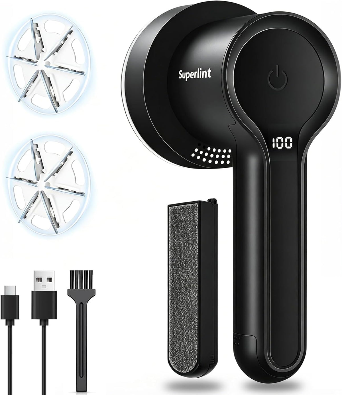Superlint 2-In-1 Rechargeable Fabric Shaver LED 3-Speed Lint Remover Black