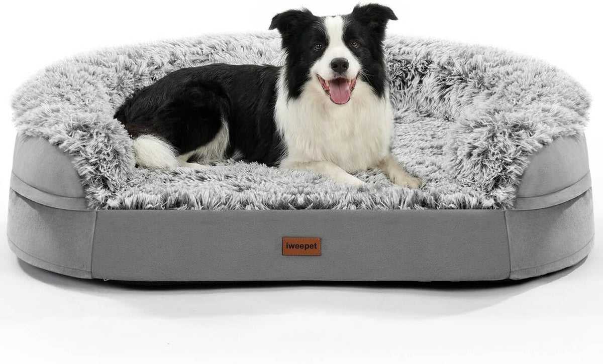 Iweepet Fluffy Calming Orthopedic Dog Beds for Medium & Large Dogs, Supportive Dog Sofa Bed with 3.7 Inch 28D Egg-Crate Foam, Removable Washable Plush Cover, Waterproof Lining, 41'',Grey