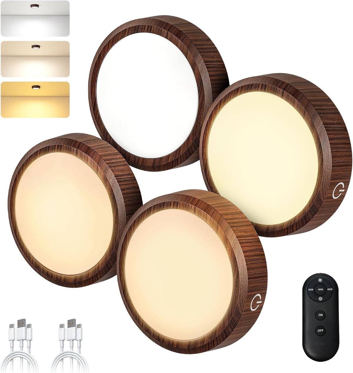 Puck Lights with Remote Control Rechargeable, Full-Screen Wireless LED under Cabinet Lighting with Light Guide Plate,3 Color Dimmable Stick on Tap Lights for Kitchen,Counter,Closet,Shelf, 4Pcs,Wood