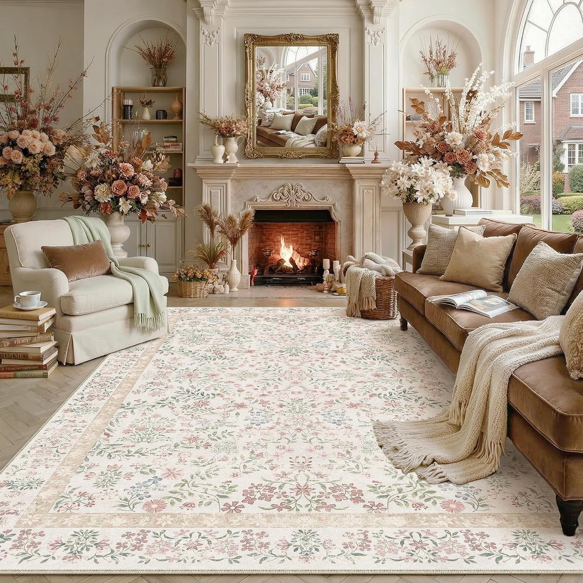 Purecozy 8X10 Pink Floral Area Rug Vintage Farmhouse Style
